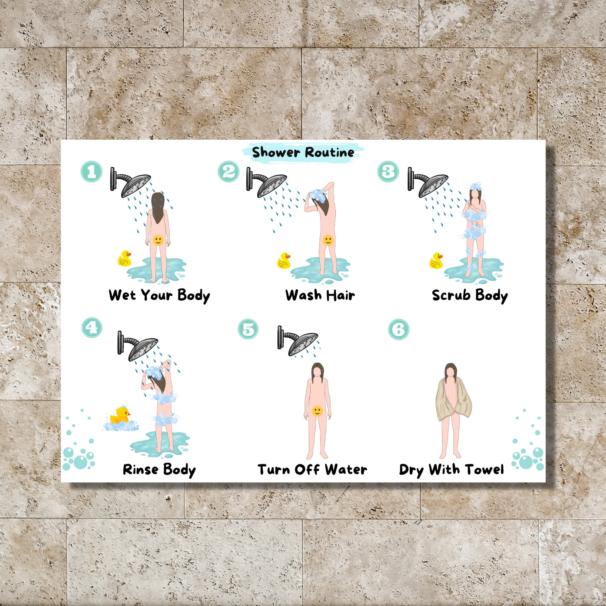 Shower Routine Chart Learning Visual Aid Girl Illustration for Kids Printable Instant Download