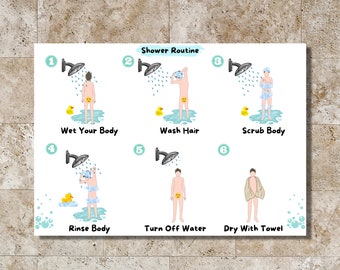Shower Routine chart- Learning- Visual Aid- Boy- illustration- For kids- printable- instant download