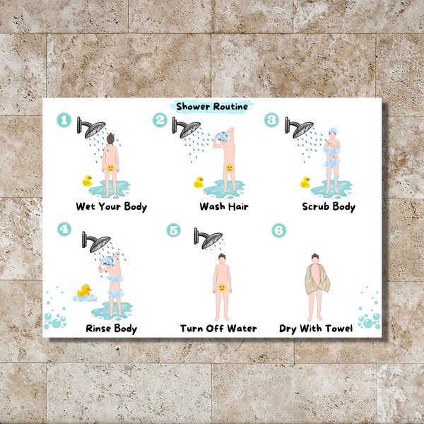 Shower Routine chart- Learning- Visual Aid- Boy- illustration- For kids- printable- instant download