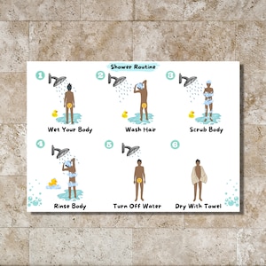 Shower Routine chart- Learning- Visual Aid- Boy- illustration- For kids- printable- instant download