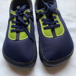 May include: A pair of blue and green mesh sneakers with black laces. The shoes have a rounded toe and a black rubber sole.