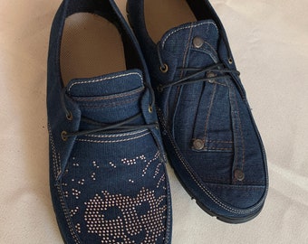 Upcycled Denim Driver Shoes I US9.5 I EU 43 I Lion Rhinestone Motif I Flexible Sole I Customization Available I Blue and Black