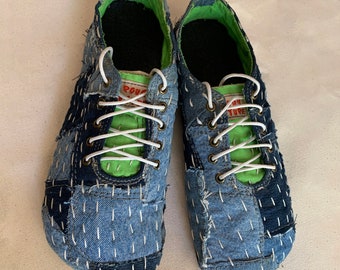 Upcycled Denim Sneakers: Gudri Hand Embroidery, Sashiko Style (US6 / EU40)