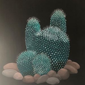 May include: A teal cactus painting with white spines and small white dots. The cactus is surrounded by brown rocks against a black background. The artwork has a modern, minimalist aesthetic.