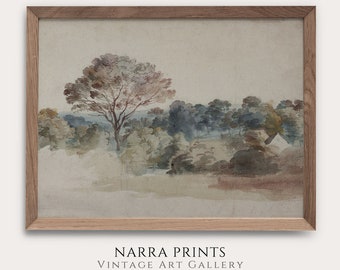 Vintage Watercolor Landscape Painting, Neutral Muted Wall Art Print, Rustic Farmhouse Decor, Warm Aesthetic Home Decor, PRINTABLE digital,