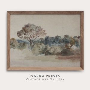 Vintage Watercolor Landscape Painting, Neutral Muted Wall Art Print, Rustic Farmhouse Decor, Warm Aesthetic Home Decor, PRINTABLE digital,