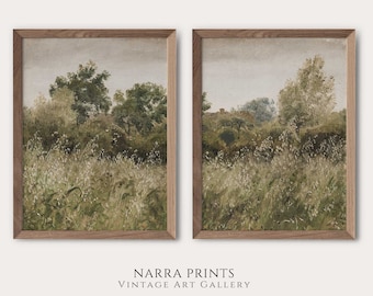 SET of Two Wall Art Set, Vintage Landscape Oil Painting, Muted Green Painting, Cottagecore Room Decor, PRINTABLE Digital