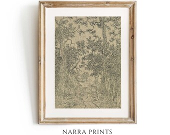 Vintage Textile Wall Art, Antique Ink Sketch, Woodland Landscape Print, Farmhouse Moody Wall Decor, Monochromatic Drawing, PRINTABLE Digital