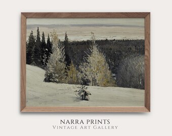 Pittura di paesaggio invernale innevato, scenario di campagna della foresta lunatica, arte della parete STAMPABILE vintage, download digitale