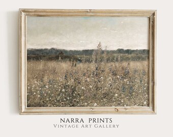 Muted Green Painting, Wildflower Field, Cottage Country Landscape Painting, PRINTABLE Digital