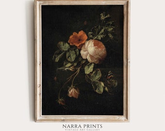 Vintage Flower Print, Still Life Oil Painting, Moody Floral Art, Dark Academia Decor, Bedroom Wall Art, PRINTABLE Digital Antique Roses