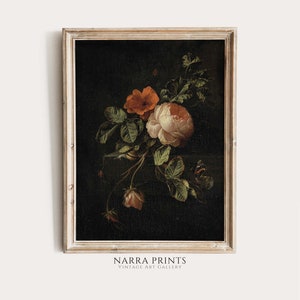 Vintage Flower Print, Still Life Oil Painting, Moody Floral Art, Dark Academia Decor, Bedroom Wall Art, PRINTABLE Digital Antique Roses