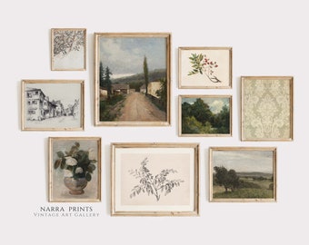Printable Vintage Gallery Wall Art SET, Warm Aesthetic Decor, Eclectic Antique Prints Set of 9, Instant Digital Download