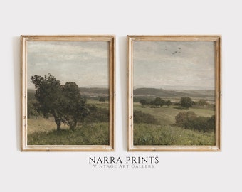 Landscape Painting SET of Two, Vintage Antique Wall Art, Country Farmhouse Muted Green Print Set, Split 2 Panel, PRINTABLE Digital