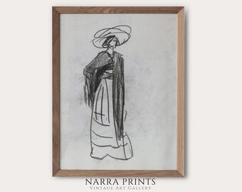 Vintage Figure Sketch Woman, Minimalist Simple Drawing, Antique Sketch Shelf Decor, Entry Table Art, Neutral Wall Art, Digital PRINTABLE