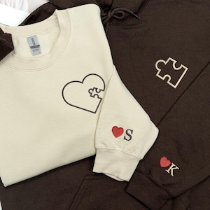 Custom Embroidered Heart and Puzzle Piece Sweatshirt | Personalized Initial With Heart On Sleeve | Couple Hoodies | Anniversary Gift
