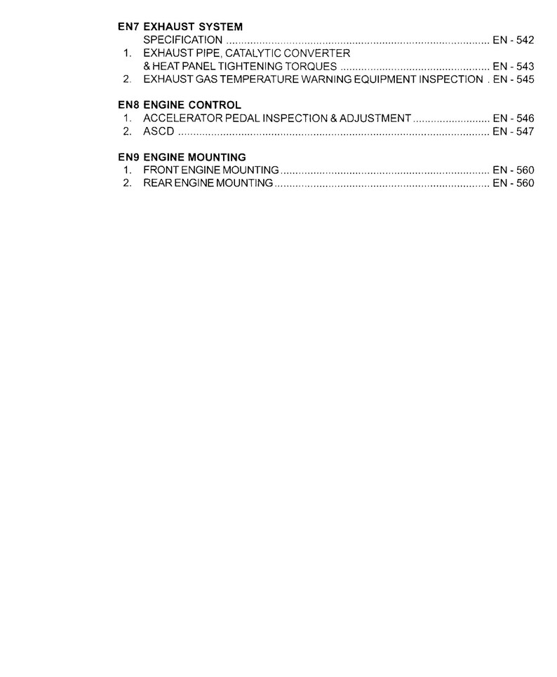 Peut inclure: Un document noir et blanc avec une liste de sp&eacute;cifications de maintenance du v&eacute;hicule. Le document r&eacute;pertorie les sections suivantes&nbsp;: Syst&egrave;me d&rsquo;&eacute;chappement, Contr&ocirc;le du moteur et Montage du moteur. Chaque section comprend une liste d&rsquo;&eacute;l&eacute;ments avec des num&eacute;ros de r&eacute;f&eacute;rence correspondants.