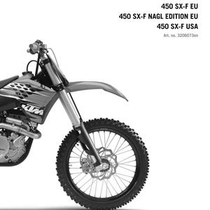 May include: A KTM motorcycle repair manual from 2010. The image shows a detailed view of the motorcycle's front, including the wheel, suspension, and engine components. The KTM logo is visible at the bottom.