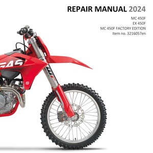 Könnte beinhalten: Ein rotes GasGas MC 450F Factory Edition Dirtbike mit einem schwarzen Vorderrad. Das Motorrad ist in einem Reparaturhandbuch für das Modelljahr 2024 abgebildet. Das Handbuch ist bei eBay und Etsy von Manual Central erhältlich.