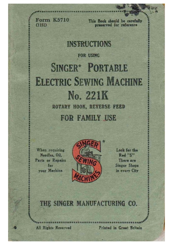 Singer 221K Portable Electrical Sewing Machines -  Instruction User Manual