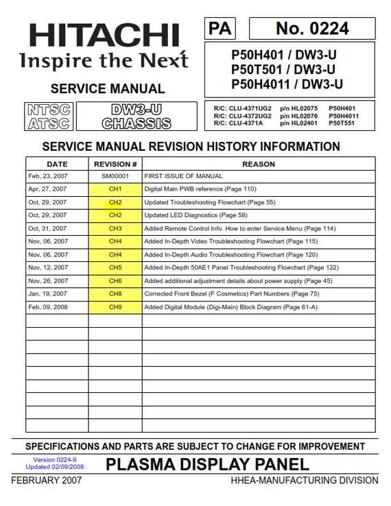 Hitachi Plasma Display Panel - P50H401 P50T501 P50H4011 - Service Manual