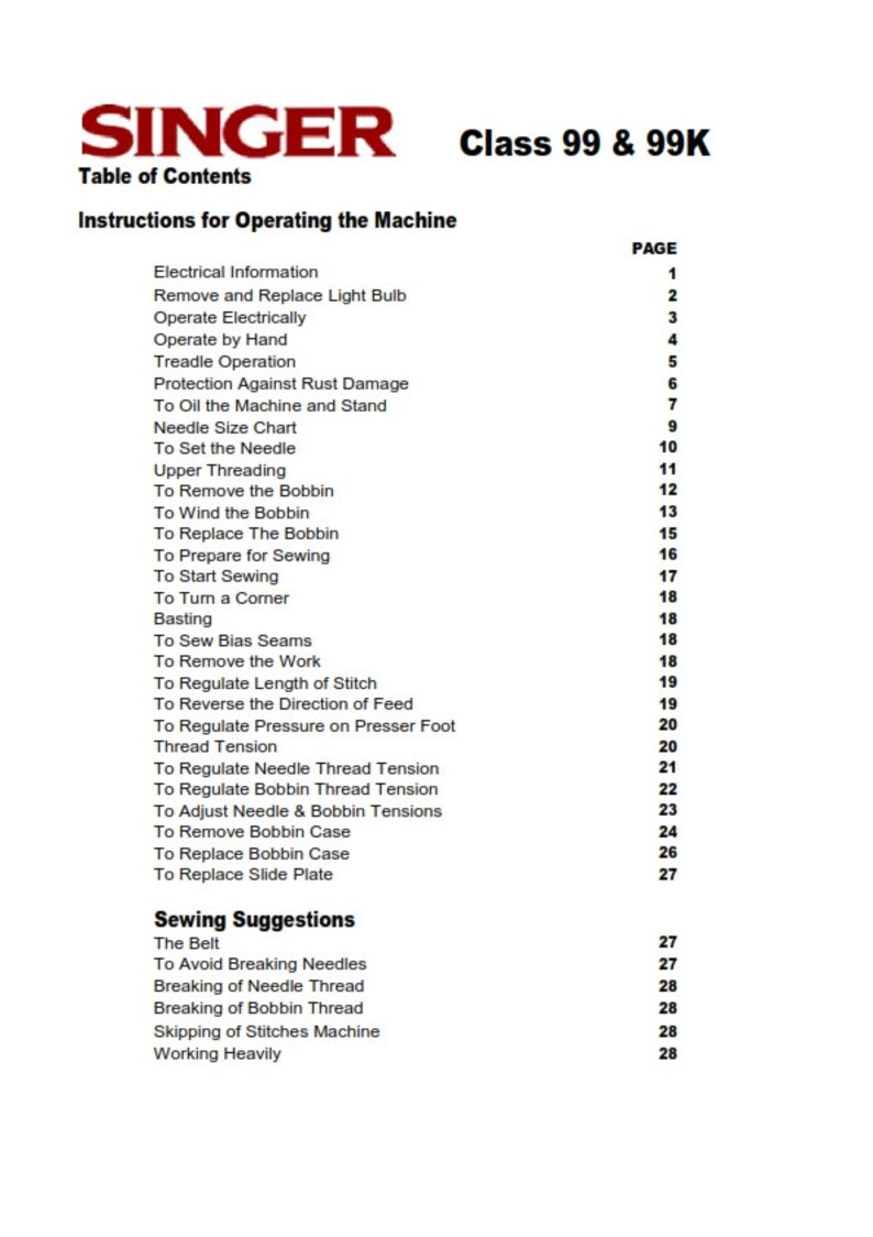 Singer Class 99 99K Sewing Machines Instruction User Manual Etsy
