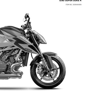 以下が含まれることがあります： KTM 1290 スーパーデュークRの白黒画像。オートバイは正面から見ており、前輪とヘッドライトが見えます。画像には「READY TO RACE」と「1290 SUPER DUKE R」のテキストが表示されています。「REPAIR MANUAL 2020」のテキストも画像に表示されています。