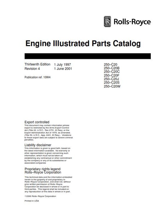 Rolls Royce - 250-c20 Engine Illustrated Parts Manual - 13th Edition 4th Revision