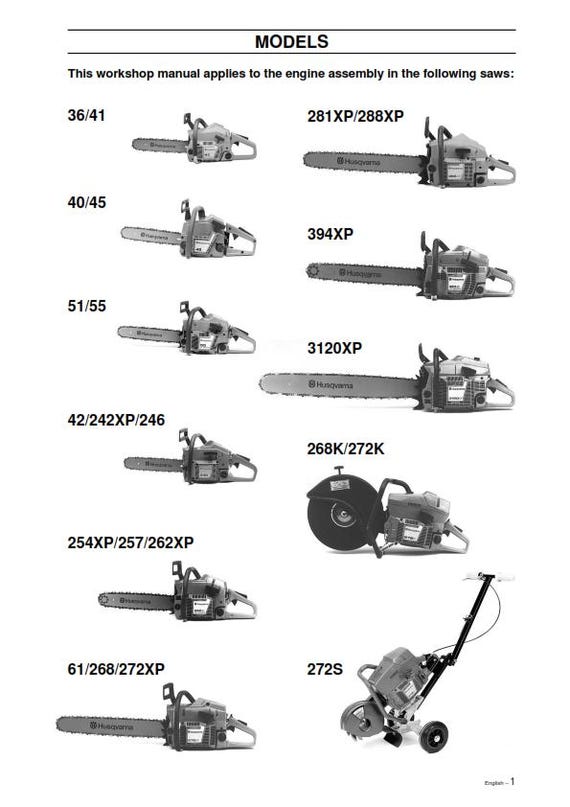 Husqvarna Chainsaw - Workshop Service Repair - 36/41 40/45 51/55 42/242xp/246 254xp/257/262xp 61/268/272xp 281xp/288xp 394xp 3120xp 268k