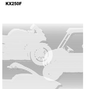 May include: Monochrome image of a motorcycle with the text "KX250 KX250F" at the top. The motorcycle is depicted in a stylized, graphic manner, with a focus on its silhouette and key components.