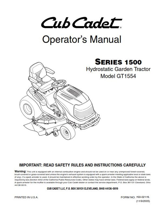 Cub Cadet - Operator Manual - Series 1500 - Hydrostatic Garden Tractor - Model GT1554