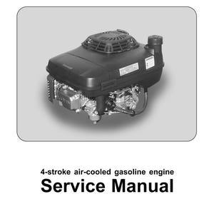 Könnte beinhalten: Ein schwarzer 4-Takt-Benzinmotor mit Luftkühlung. Der Motor hat einen großen Lufteinlass oben und einen Kraftstofftank an der Seite. Service-Handbuch.