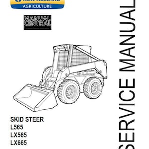 Może przedstawiać: Czarno-biały rysunek schematyczny ładowarki kompaktowej New Holland z numerami modeli L565, LX565 i LX665. Obrazek nosi tytuł "Instrukcja serwisowa" i zawiera logo New Holland oraz tekst "Manual Central".