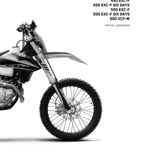 以下が含まれることがあります： 上部に「REPAIR MANUAL 2020」というテキストが書かれた、白黒のオートバイの画像。オートバイはKTM 450 EXC-F、450 EXC-F Six Days、500 EXC-F、500 EXC-F Six Days、または500 XCF-W。オートバイの下に「ITEM NO. 3206386EN」というテキストがあります。右下にKTMのロゴがあります。