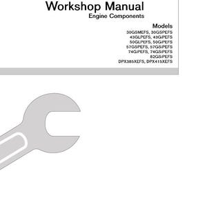 Peut inclure: Un manuel d'atelier intitulé "Workshop Manual" avec la mention "Engine Components". Le manuel répertorie les modèles de moteurs. Une clé à molette grise est visible en bas à gauche.