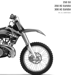 May include: A black and white image of a KTM dirt bike. The repair manual cover shows the front of the motorcycle with the text "REPAIR MANUAL 2011" at the top. The KTM logo is at the bottom.