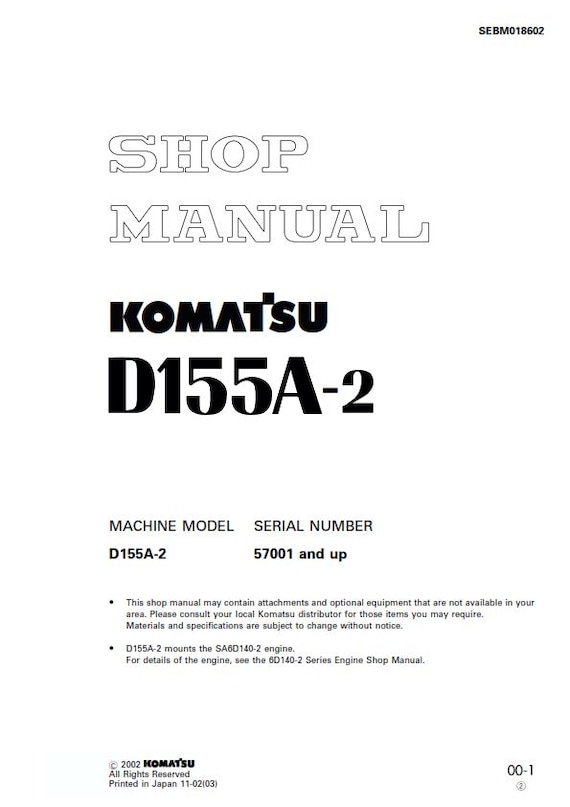 Komatsu D155A-2 - Shop Manual - Service Workshop Repair Manual