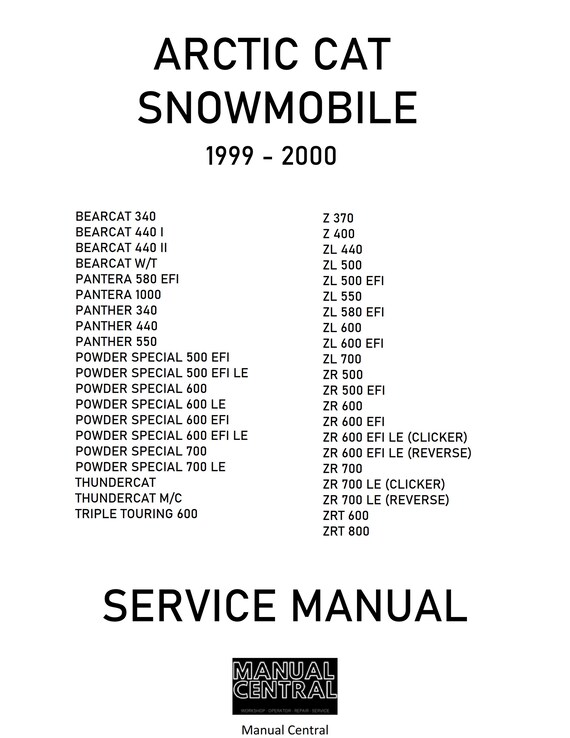 Arctic Cat 1999 to 2000 Bearcat Pantera Powder Special Thundercat Triple Touring Z ZL ZR ZRT Service Workshop Repair Manual