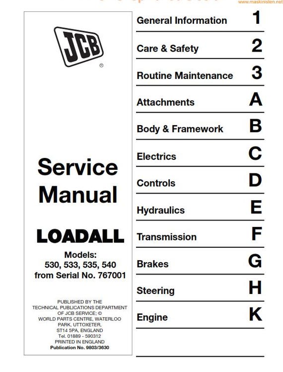 JCB Loadall 1993 to 2004 - 530 533 535 540 530fs 540fs Plus Super - Service Workshop Repair Manual - From Serial 767001 - 1983 to 2004