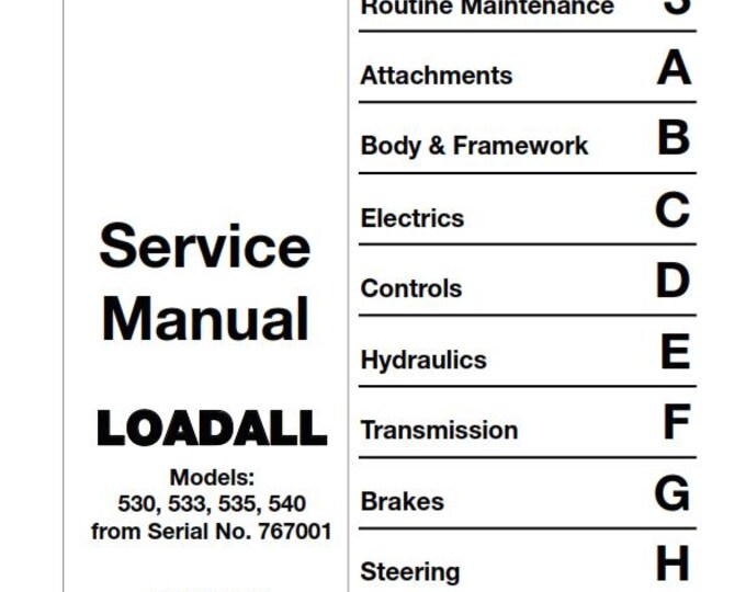 JCB Loadall 1993 to 2004 - 530 533 535 540 530fs 540fs Plus Super - Service Workshop Repair Manual - From Serial 767001 - 1983 to 2004