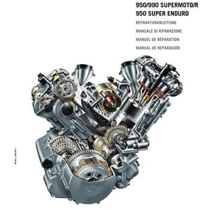 May include: A detailed illustration of a motorcycle engine, with visible internal components. The image is from a repair manual for 950/990 Adventure, 990 Super Duke/R, 950/990 Supermoto/R, and 950 Super Enduro models. The manual's title is "REPAIR MANUAL 2003-2008". The KTM logo is at the bottom.