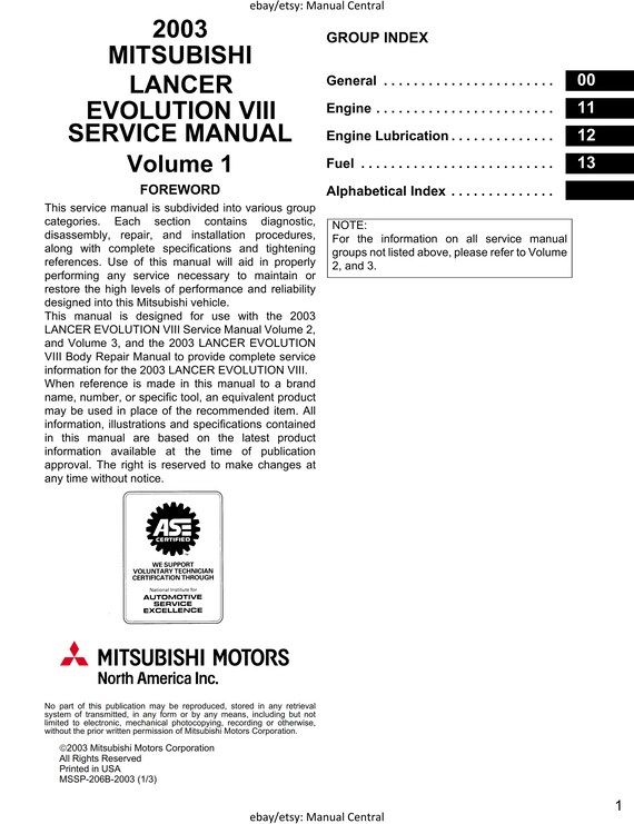 Mitsubishi Lancer Evolution VIII 整備解説書 Mitsubishi Lancer Evolution VIII 整備解説書