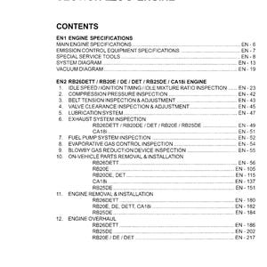 Peut inclure: Un document noir et blanc avec le titre "SECTION EN MOTEUR" et une table des mati&egrave;res pour les sp&eacute;cifications et les inspections du moteur. Le tableau r&eacute;pertorie diff&eacute;rents mod&egrave;les de moteurs, notamment RB26DETT, RB20E, RB25DE et CA18i, ainsi que les num&eacute;ros de page correspondants.