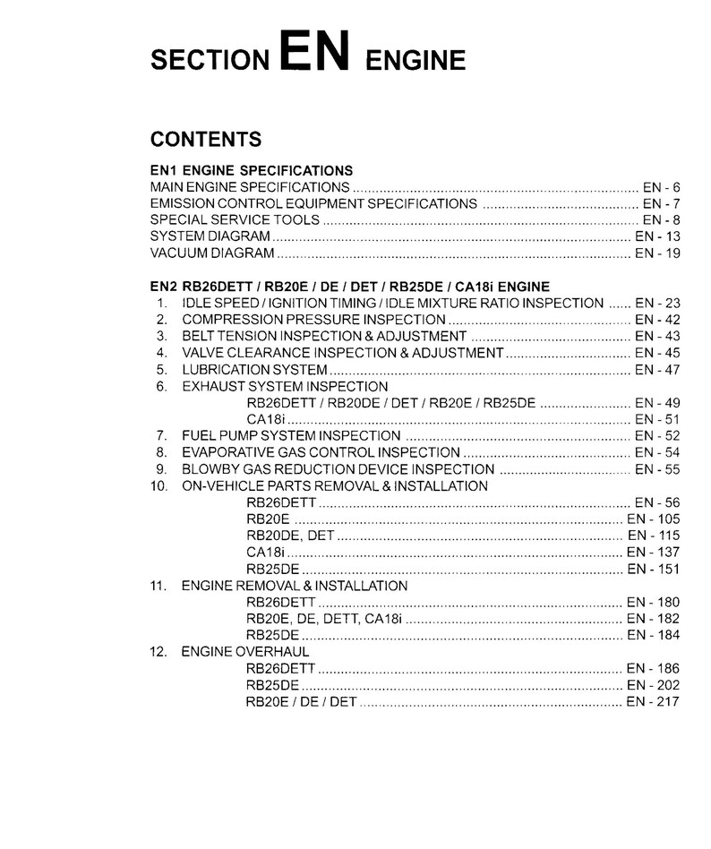 Peut inclure: Un document noir et blanc avec le titre "SECTION EN MOTEUR" et une table des mati&egrave;res pour les sp&eacute;cifications et les inspections du moteur. Le tableau r&eacute;pertorie diff&eacute;rents mod&egrave;les de moteurs, notamment RB26DETT, RB20E, RB25DE et CA18i, ainsi que les num&eacute;ros de page correspondants.