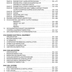 Peut inclure: Un document noir et blanc avec une liste de diagnostics moteur et leurs codes correspondants. Le document est intitul&eacute; "EN4 &Eacute;quipement &eacute;lectrique du moteur" et liste diff&eacute;rentes proc&eacute;dures d'inspection pour les diff&eacute;rents composants du moteur.