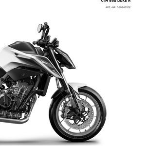 以下が含まれることがあります： 「KTM 890 DUKE R」と「READY TO RACE」の文字が入った、白黒のKTM 890 Duke Rオートバイ。画像には「REPARATURANLEITUNG 2020」と「MANUAL CENTRAL」の文字も含まれています。