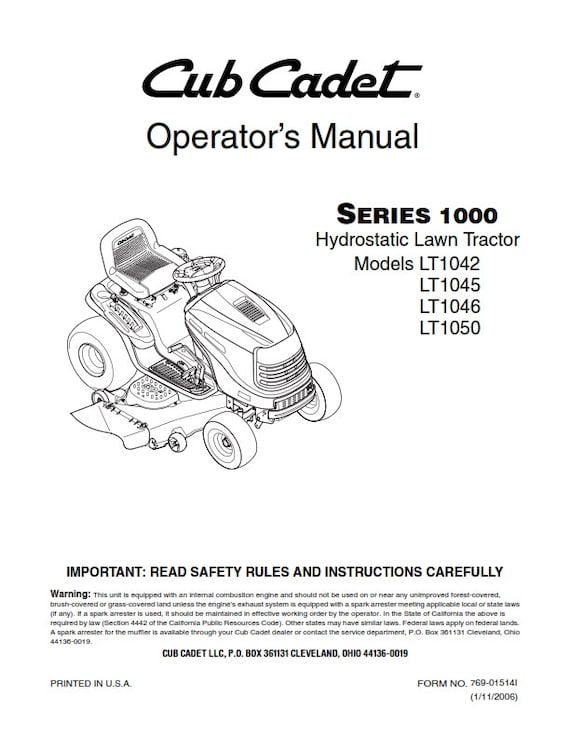 Cub Cadet - Operator Manual - Series 1000 - Hydrostatic Lawn Tractor -  LT1042 LT1045 LT1046 LT1050