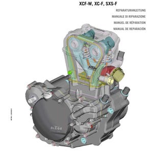 Op de afbeelding: Een gedetailleerde afbeelding van een motorfietsmotor, met transparante overlays die interne componenten benadrukken. De afbeelding bevat de tekst "REPAIR MANUAL 2005-2010" en modelaanduidingen zoals "250 SX-F, EXC-F". Het KTM-logo is zichtbaar.