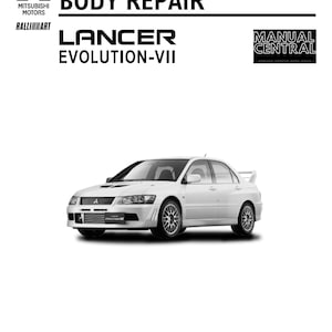 May include: A white Mitsubishi Lancer Evolution VII car is featured in this image. The text "BODY REPAIR" and "LANCER EVOLUTION-VII" are displayed above the car. The image also includes the Mitsubishi Motors and Ralliart logos.