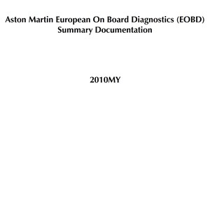 Op de afbeelding: Een zwart-wit document met de tekst "Aston Martin European On Board Diagnostics (EOBD) Summary Documentation 2010MY".